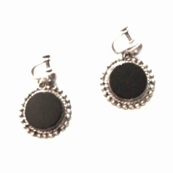 VINTAGE 50s ROUND BLACK ONYX STERLING SILVER .925 SCREWBACK 1" EARRINGS - Picture 2 of 7